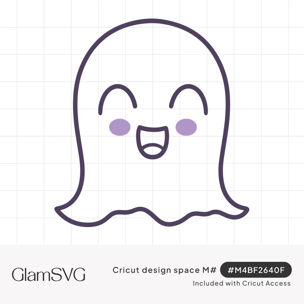 Cute white ghost with closed happy eyes, open smiling mouth and lavender blush cheeks, outlined in dark purple