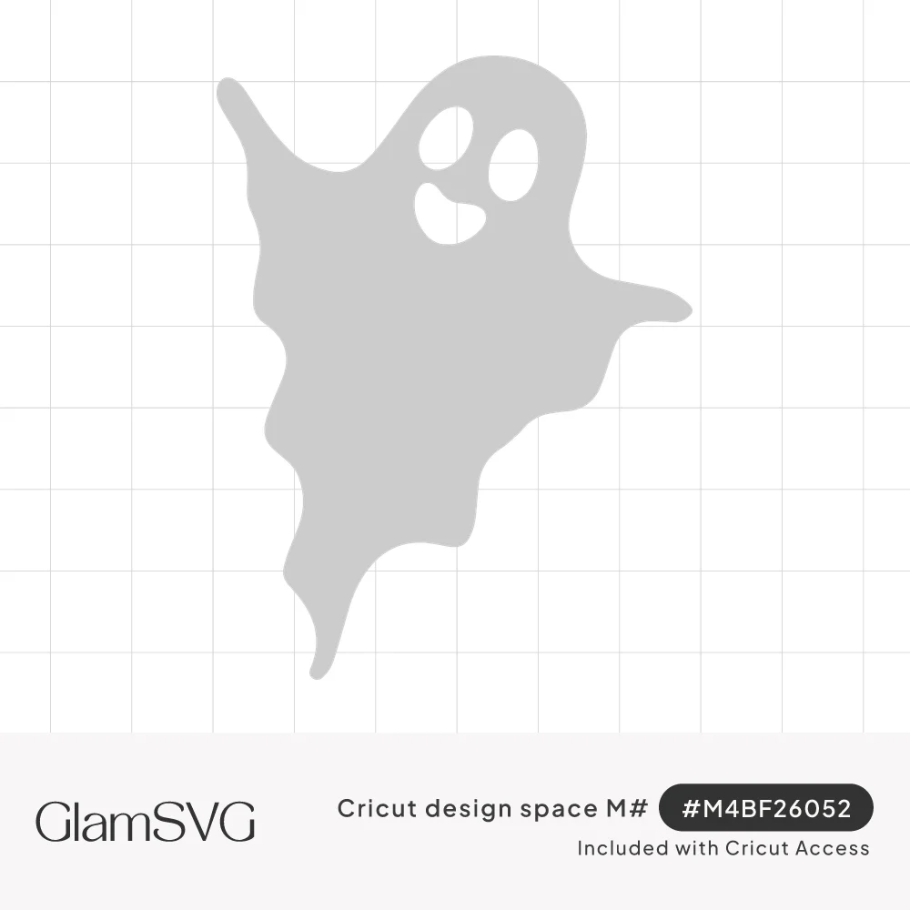 Solid gray ghost silhouette waving one arm, with a wispy flowing tail, oval cutout eyes and a smiling open mouth