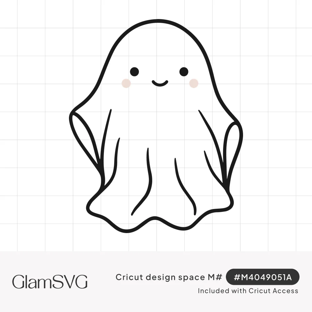 Line drawing of a cute white sheet ghost with dot eyes, a small smile, pink cheeks and a wavy hem