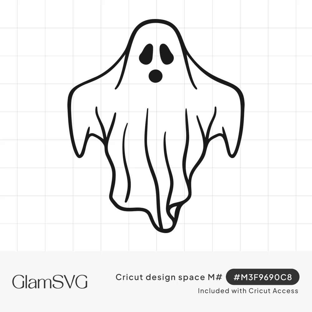 Line drawing of a classic sheet ghost with dark oval eyes, a round mouth and long flowing folds down to a ragged hem