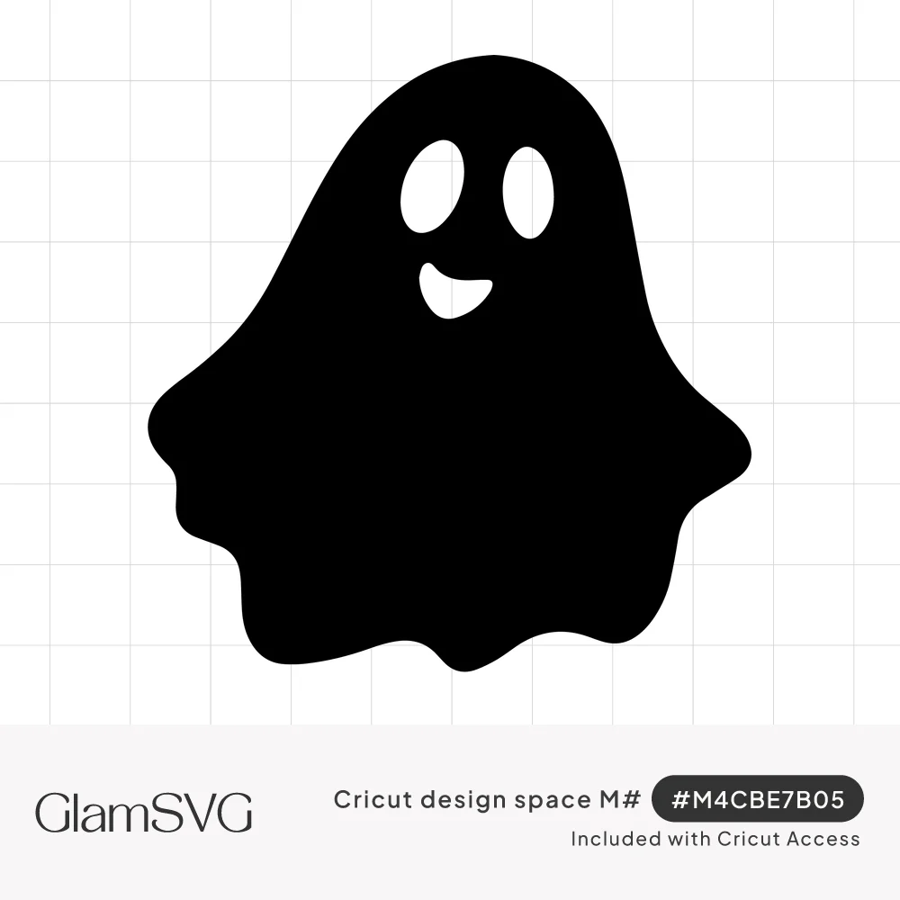Solid black ghost silhouette with a wavy bottom edge, two white oval eyes and a small smiling mouth