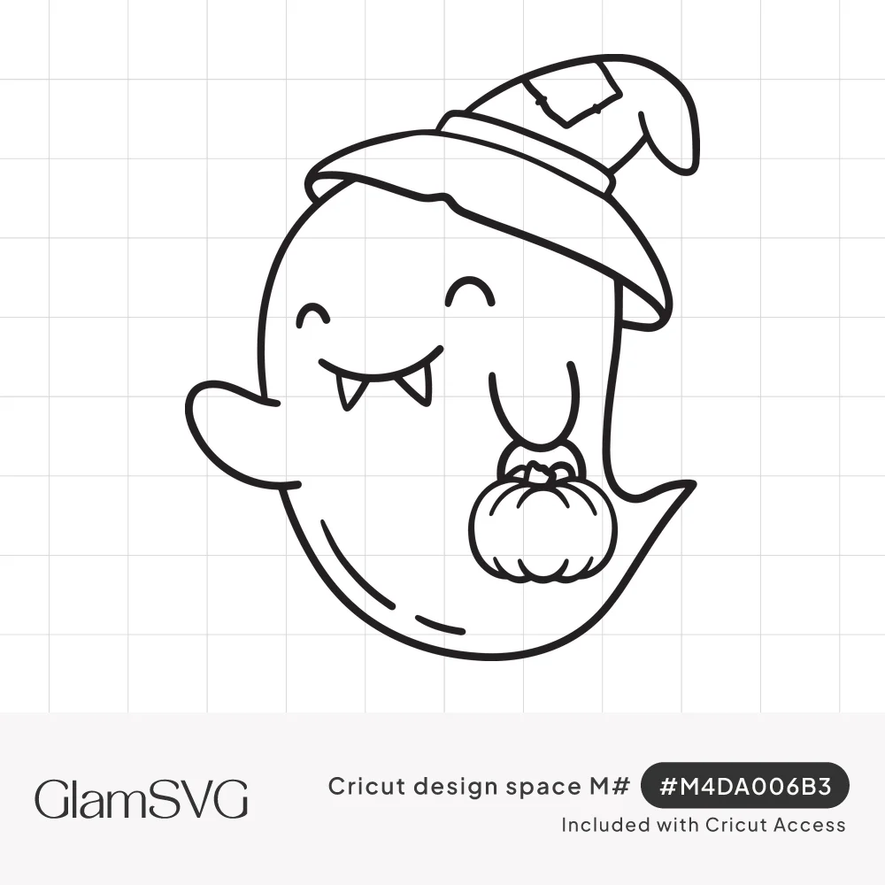 Line drawing of a smiling ghost with small fangs wearing a patched witch hat and holding a pumpkin treat bucket