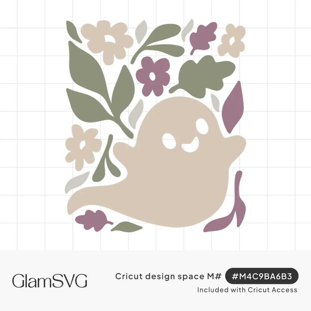 Smiling cream ghost surrounded by sage green leaves, plum flowers and beige blossoms in a rectangular floral arrangement