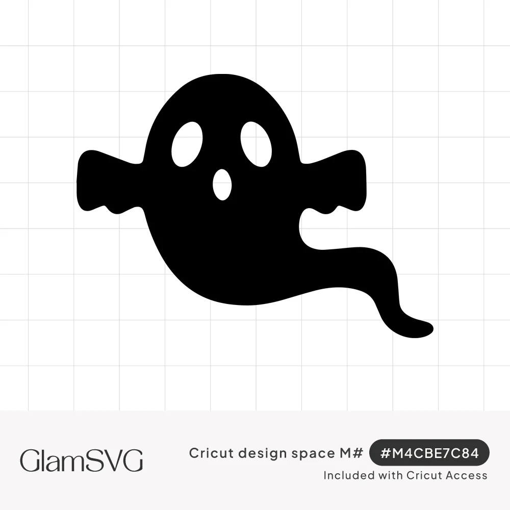 Black silhouette of a floating ghost with hollow oval eyes, a small surprised mouth, raised ruffled arms and a curling tail