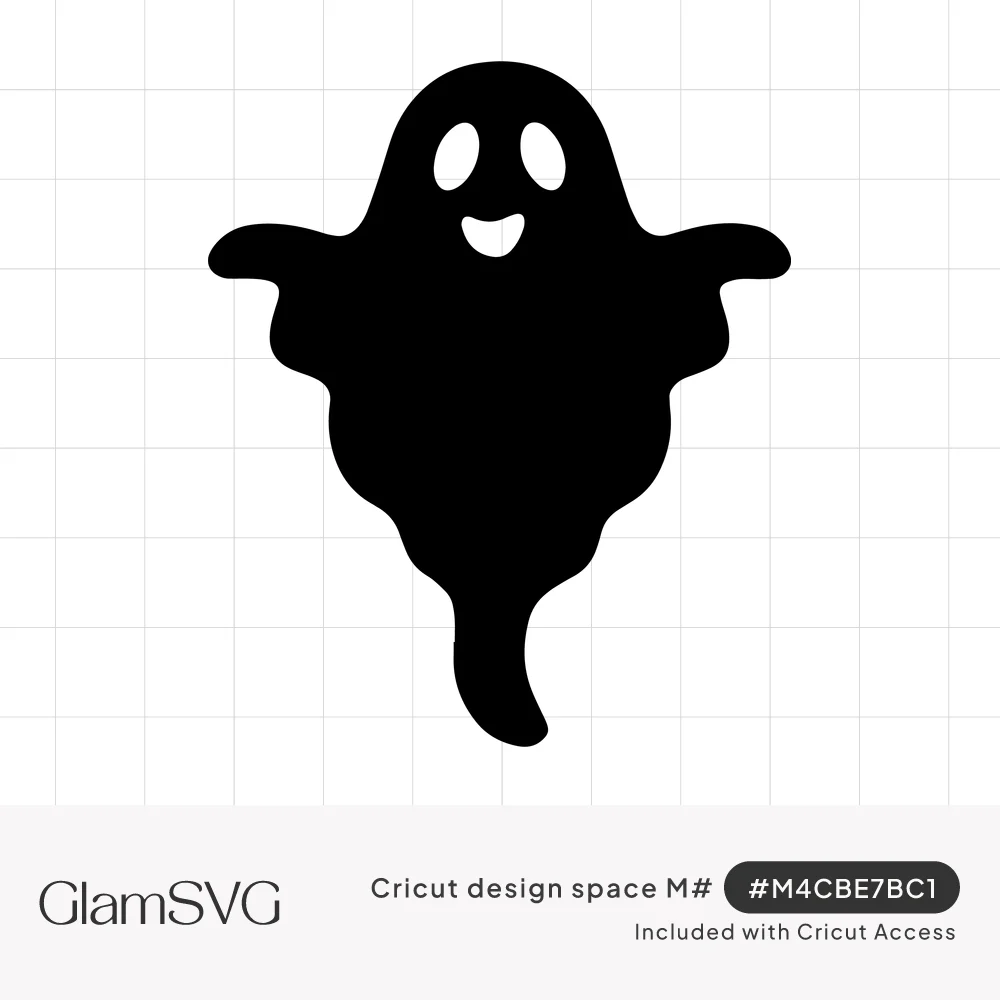 Black silhouette of a friendly floating ghost with outstretched arms, oval cut-out eyes, a smiling mouth and a curling tail