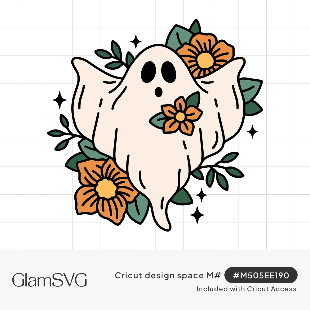 Cute white sheet ghost holding an orange flower, surrounded by orange blossoms, green leaves and small sparkles