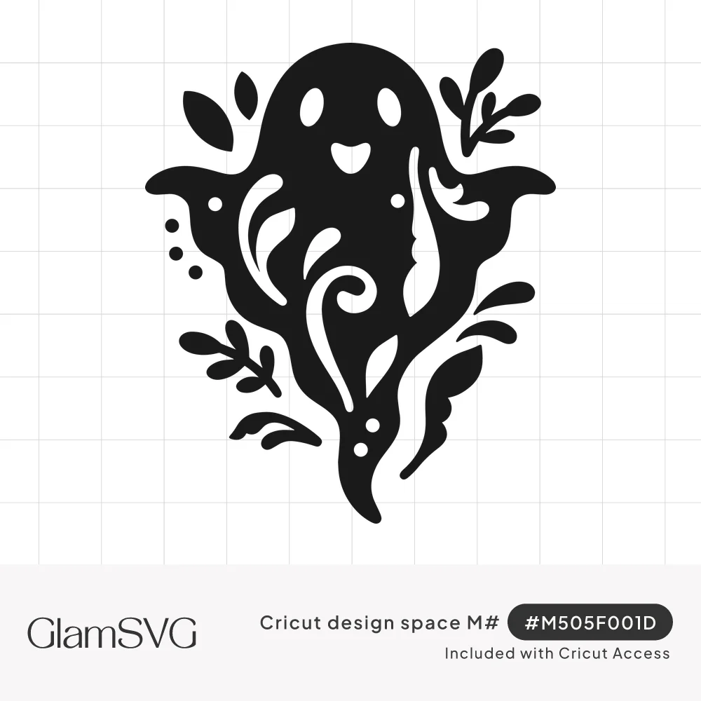 Black silhouette of a smiling ghost with outstretched arms, decorated with swirls, leaves and dots