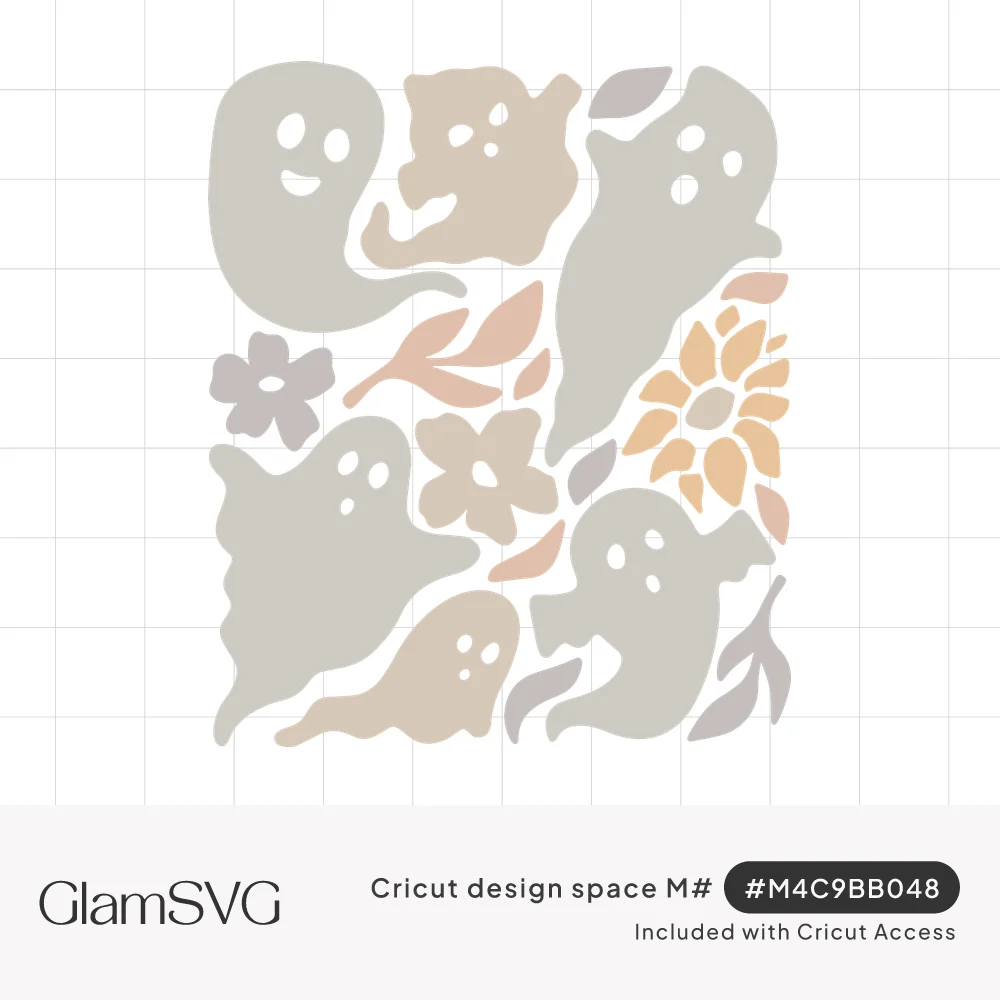 Cluster of friendly gray and tan ghosts with daisies, a sunflower and leaves in muted boho colors forming a rectangle