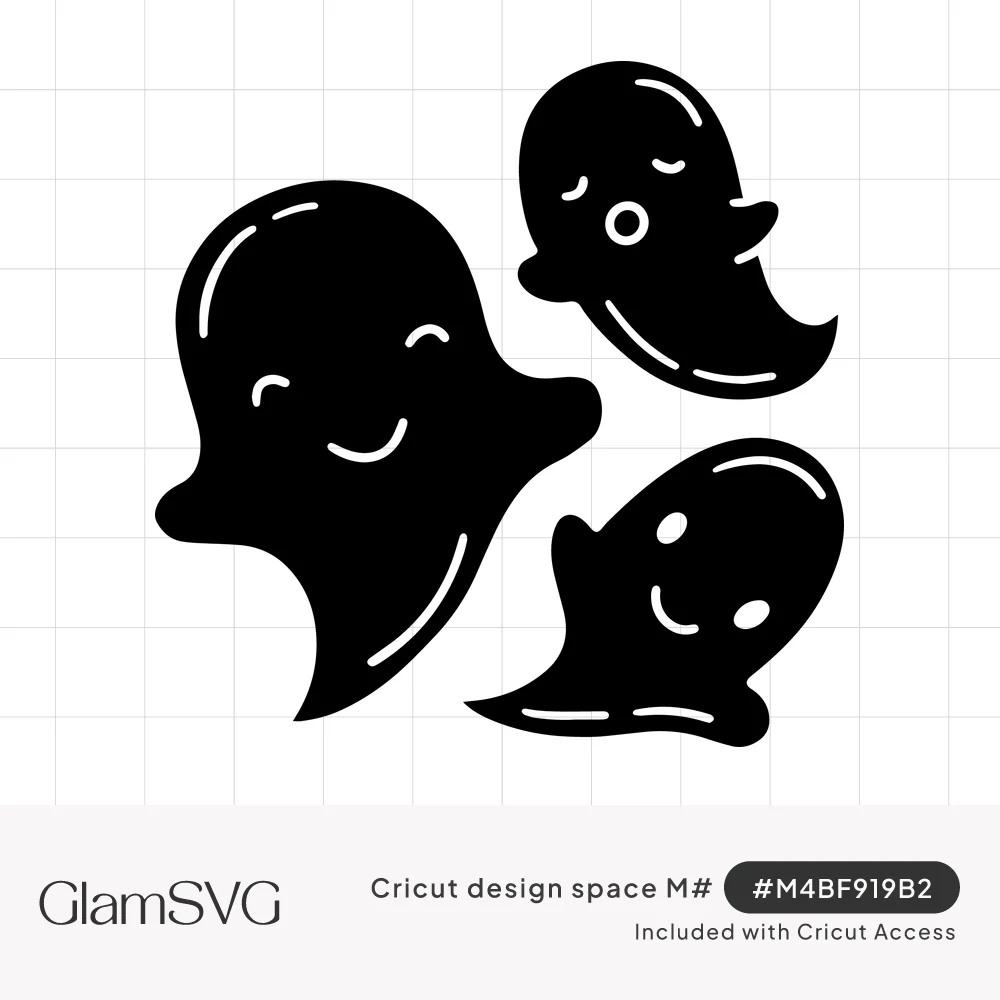 Three black silhouette ghosts with cute faces, one smiling, one sleepy with an open mouth, one with dot eyes