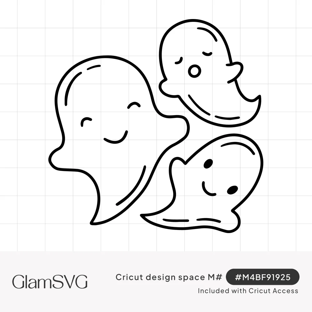 Three cute cartoon ghosts in black outline, two smiling and one sleepy with closed eyes and a small round mouth