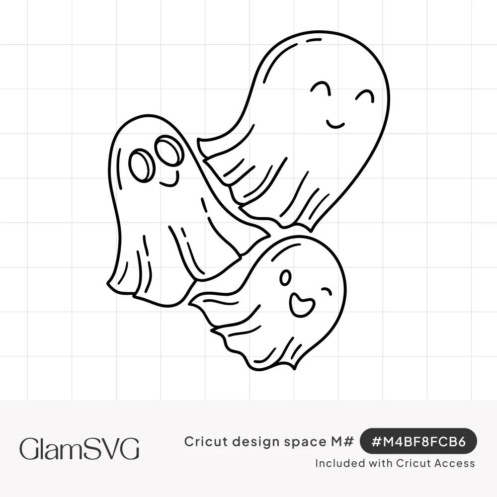 Line drawing of three cute smiling ghosts floating together with wavy hems, one with big round eyes