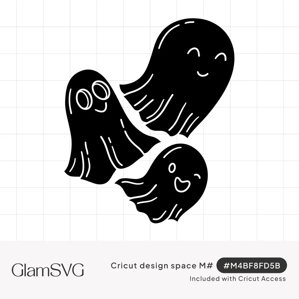 Three cute black silhouette ghosts with smiling faces and wavy sheets, outlined with thin white detail lines