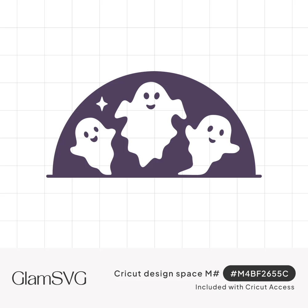 Three cute smiling white ghosts floating inside a dark purple half-circle with a small sparkle star
