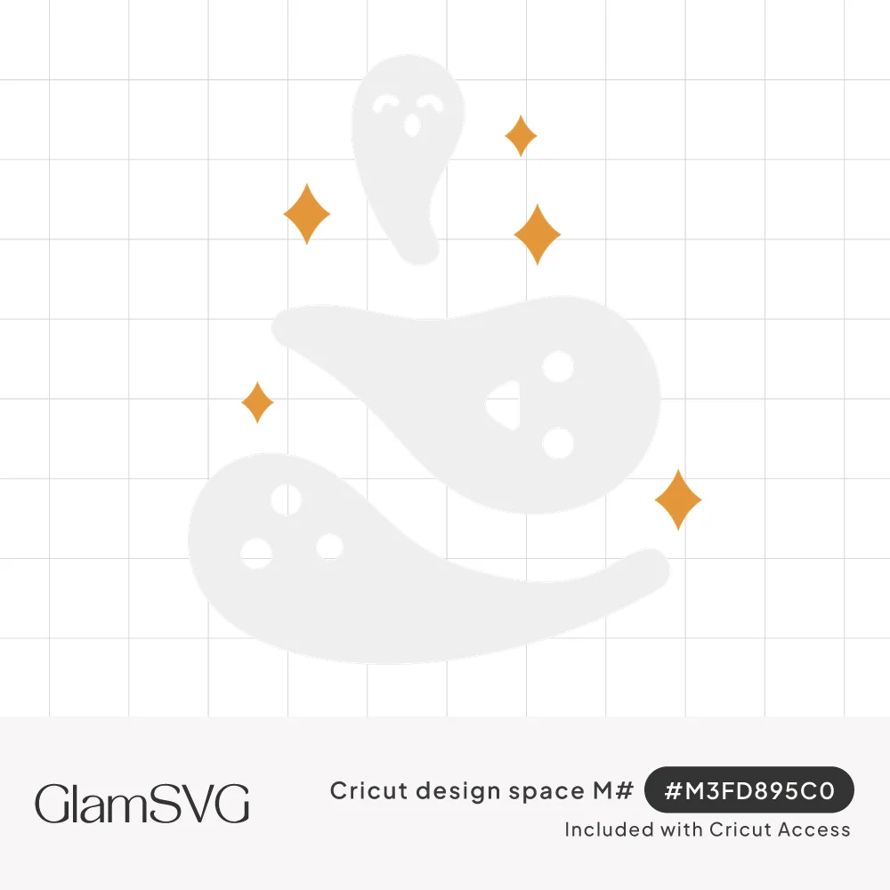 Three cute white ghosts with simple faces floating in a swirling stack, surrounded by small orange sparkles