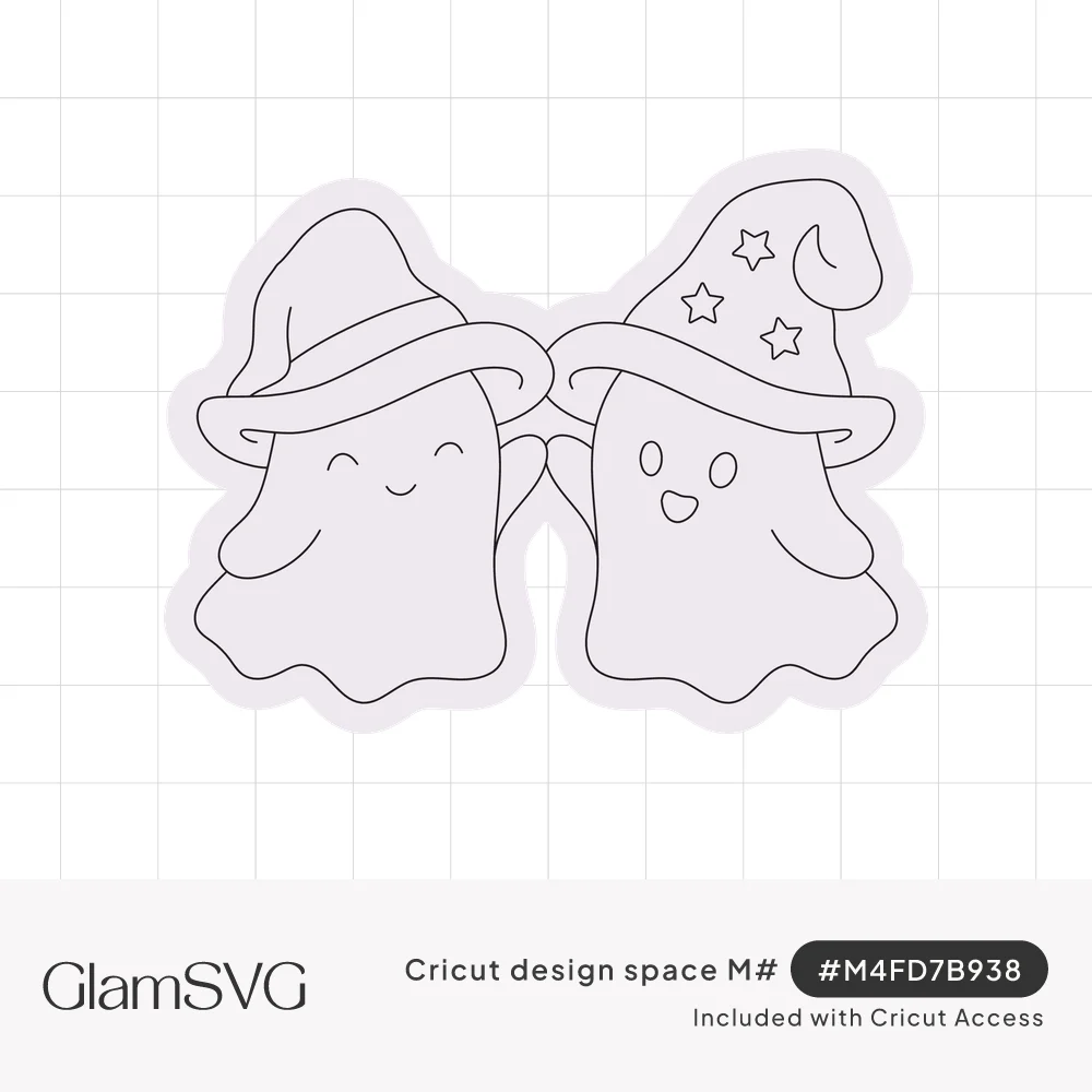 Two cute smiling ghosts wearing witch hats, one with stars, holding hands inside a rounded sticker outline