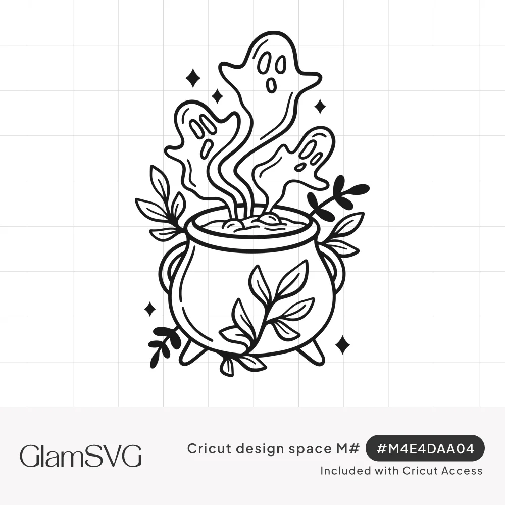 Line art of three cute ghosts rising from a bubbling witch's cauldron with leafy branches and sparkles around it