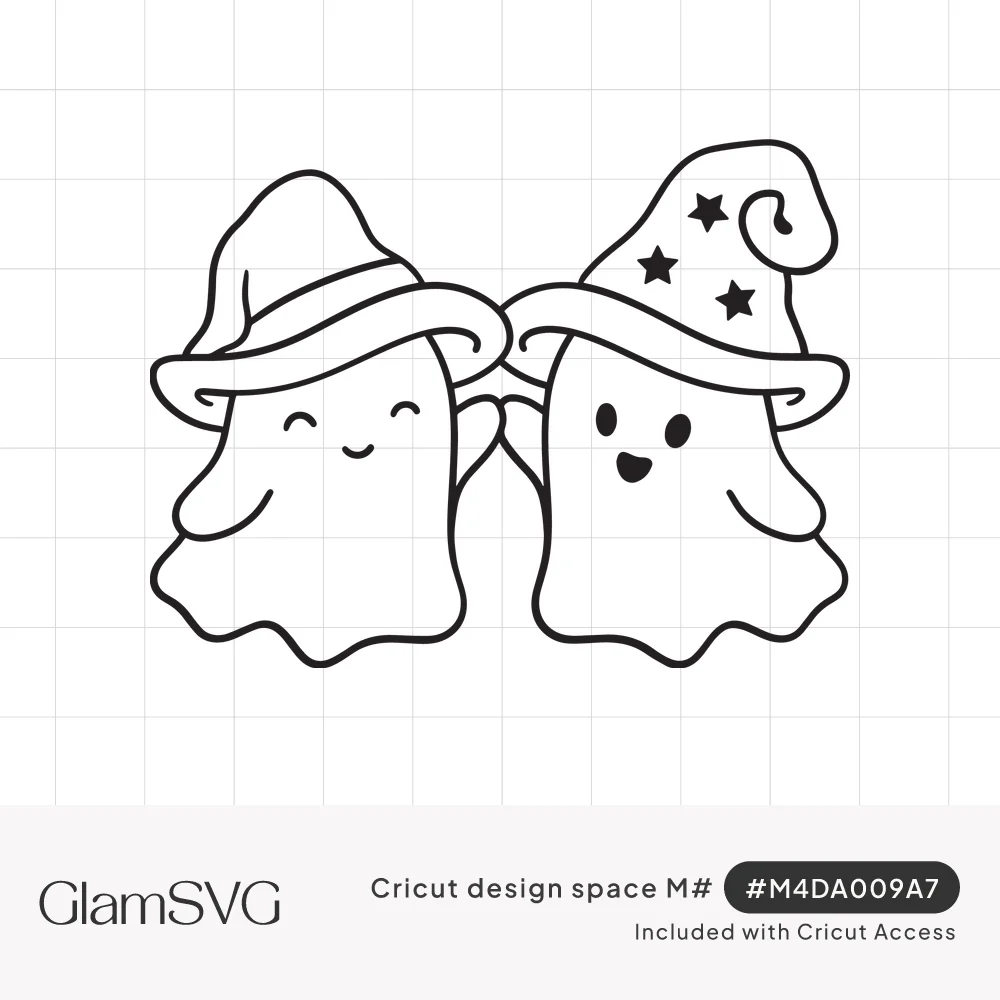 Line drawing of two cute ghosts wearing witch hats and holding hands, one hat decorated with stars