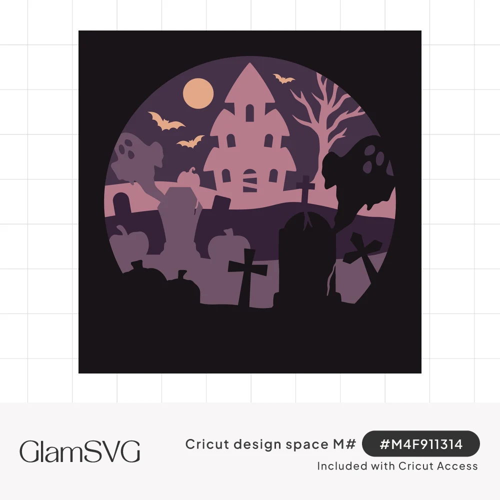 Round layered Halloween scene with haunted house, full moon, bats, ghosts, bare tree, tombstones and pumpkins in purple tones