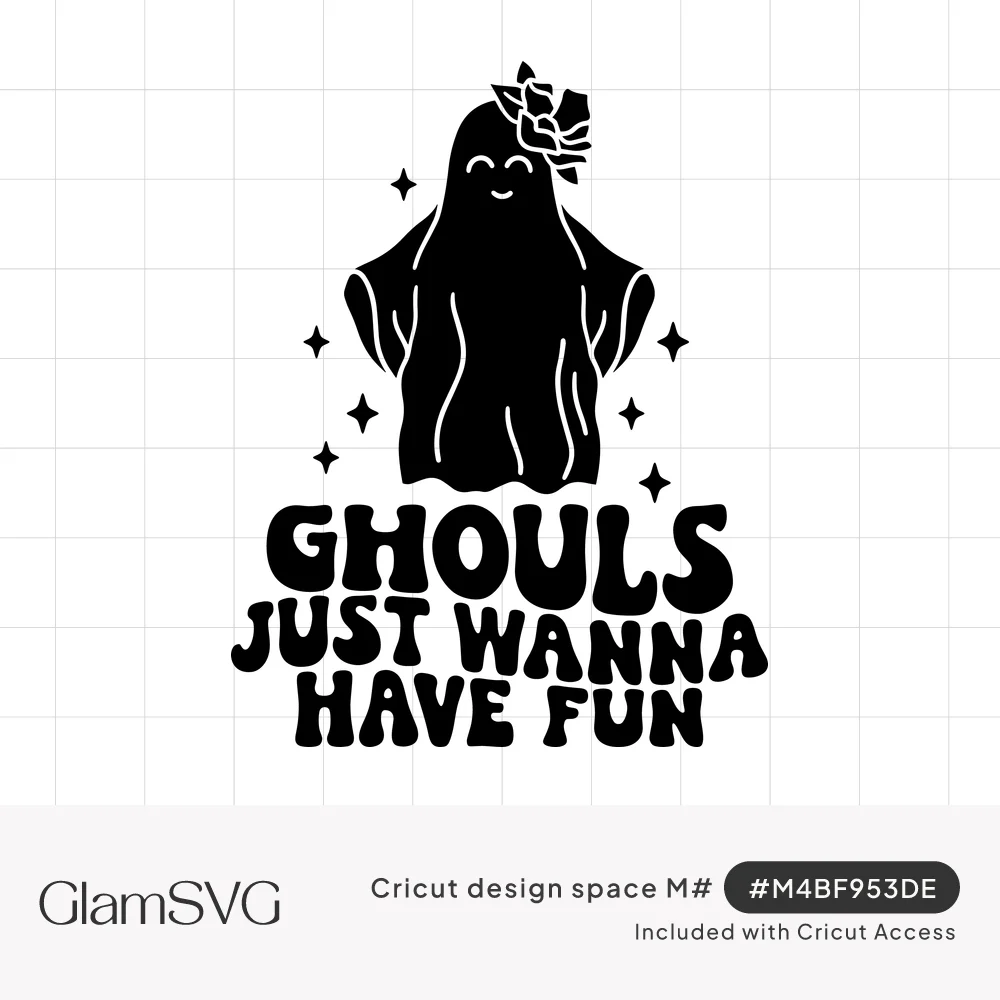 Black silhouette of a smiling ghost with a flower on its head, stars around it, and retro text Ghouls Just Wanna Have Fun