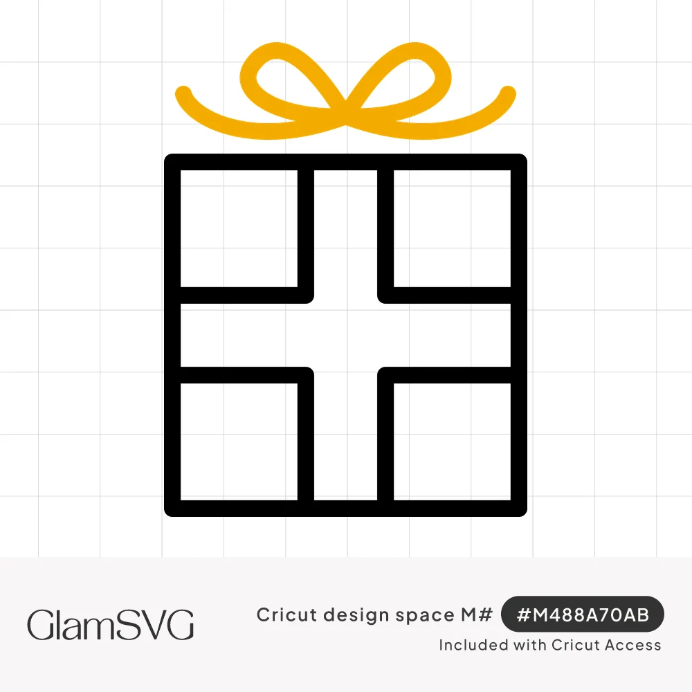 Black outline square gift box with crossed ribbon and a looping yellow bow on top