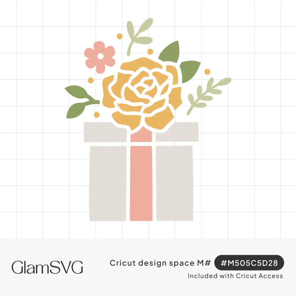Layered illustration of a gray gift box with pink ribbon, topped by a yellow rose, pink flower, green leaves and dots