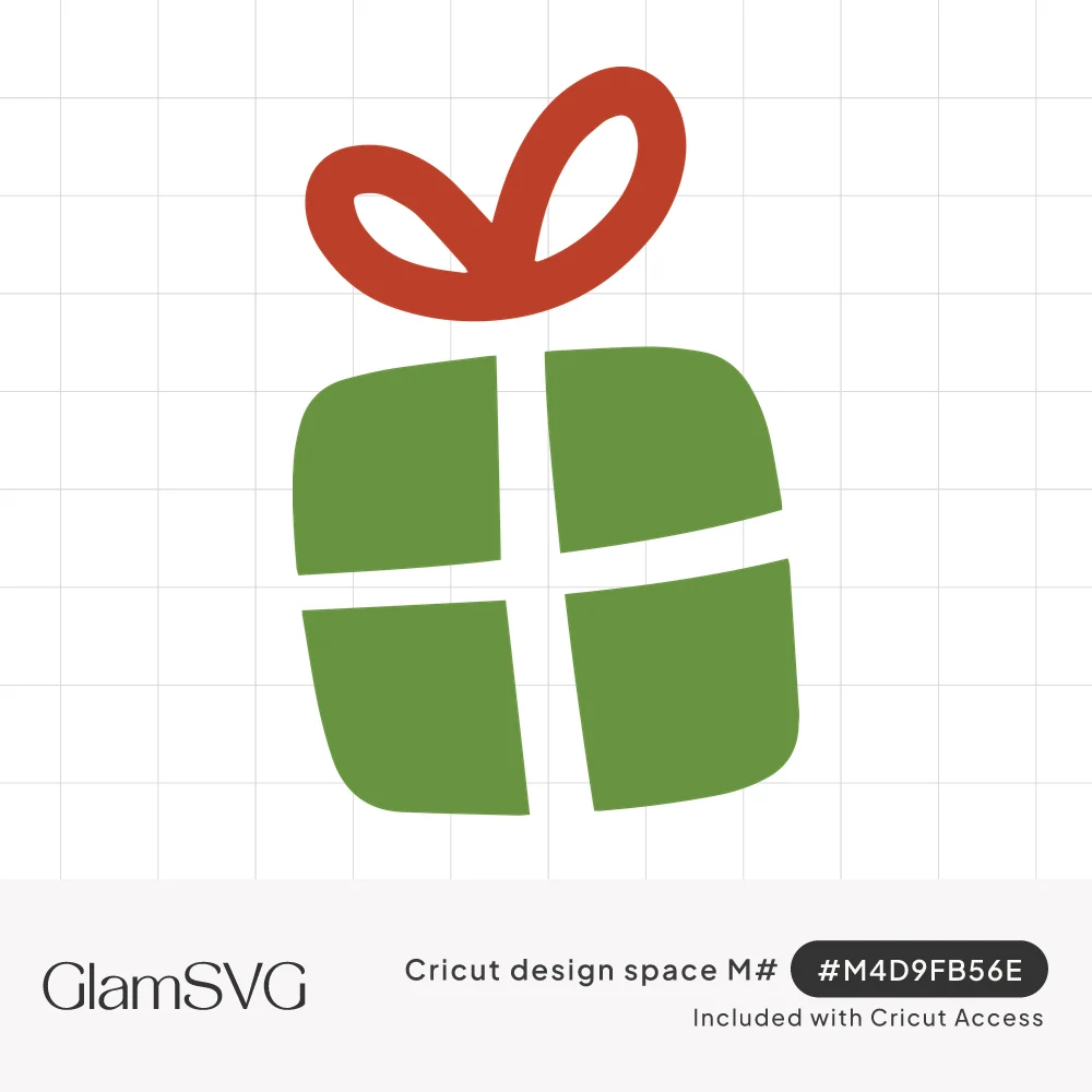 Green wrapped gift box with a white ribbon cross and a red looped bow on top, drawn in a simple tilted style