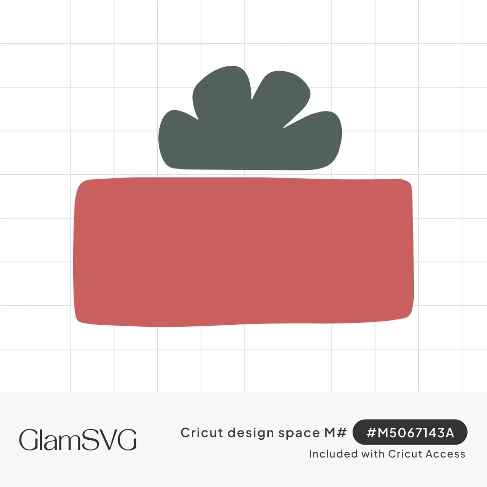 Hand-drawn red rectangular gift box with a dark green scalloped bow sitting on top