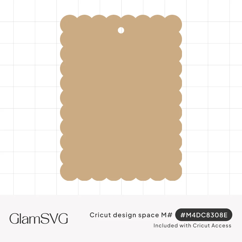 Tan rectangular gift tag with scalloped edges on all sides and a small round hole near the top
