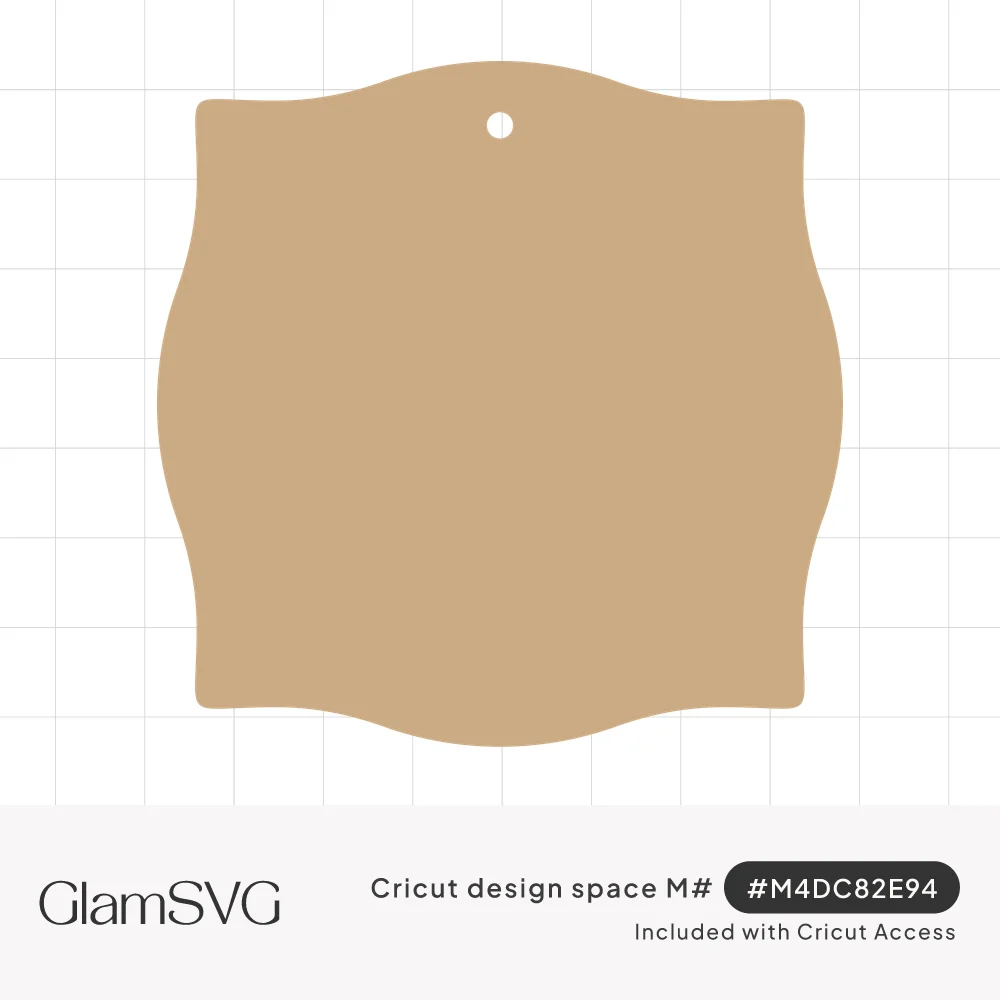 Tan square gift tag shape with wavy scalloped edges, rounded corners and a small hole at the top