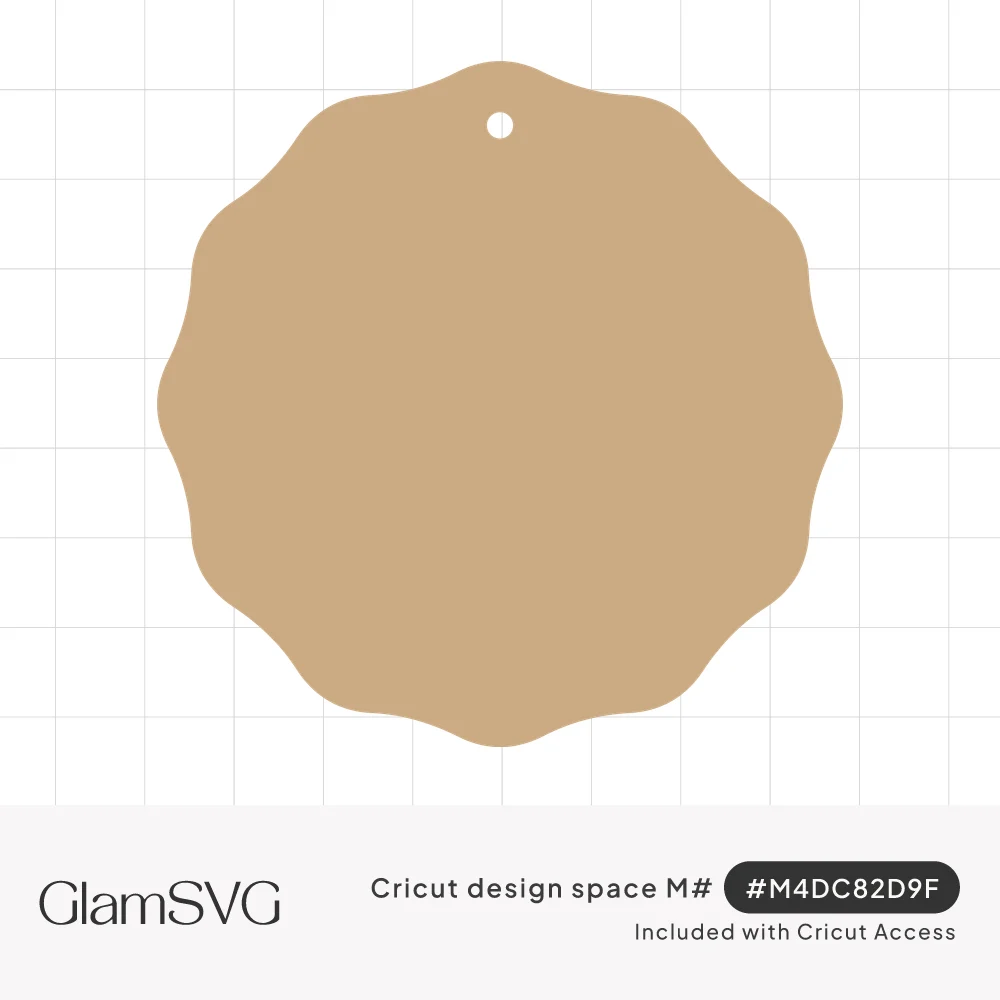 Blank round gift tag with a wavy scalloped edge and a small hole near the top, shown in kraft tan