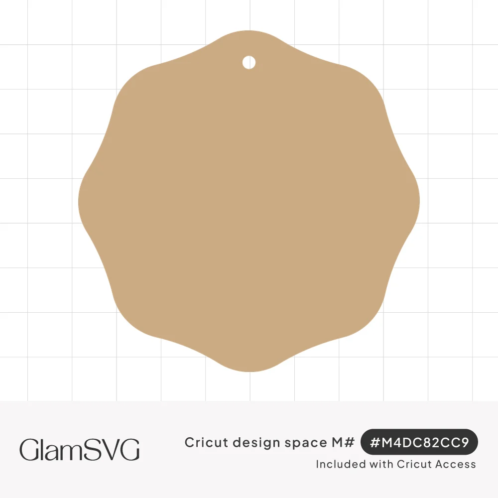 Tan scalloped gift tag shape with wavy edges and a small round hole near the top