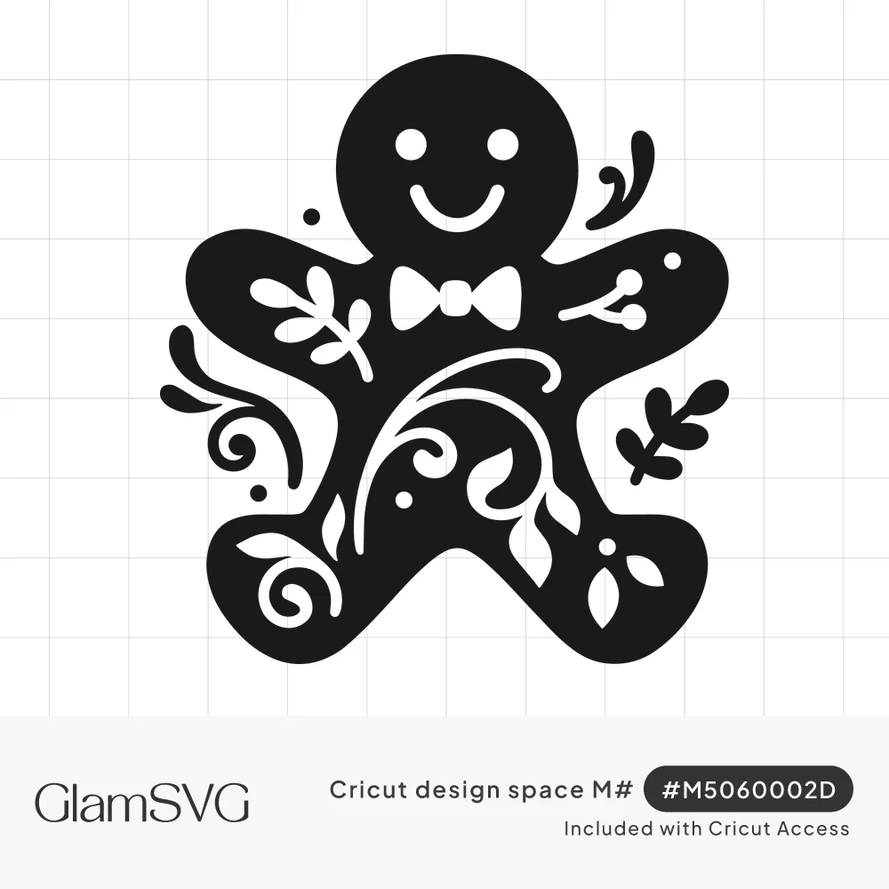 Black silhouette of a smiling gingerbread man with a bow tie, decorated with cut-out swirls, leaves and berries