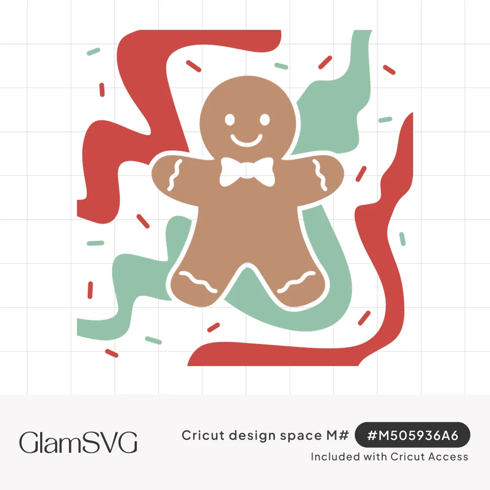 Smiling gingerbread man with white bow tie and icing trim over wavy red and mint green ribbons with sprinkles