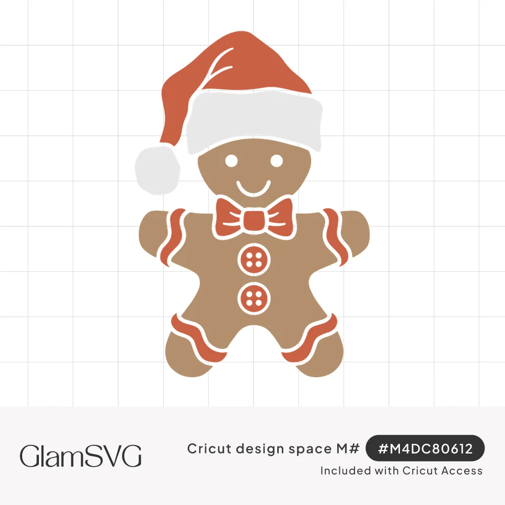 Smiling gingerbread man cookie wearing a red Santa hat, red bow tie, two buttons and wavy red icing trim