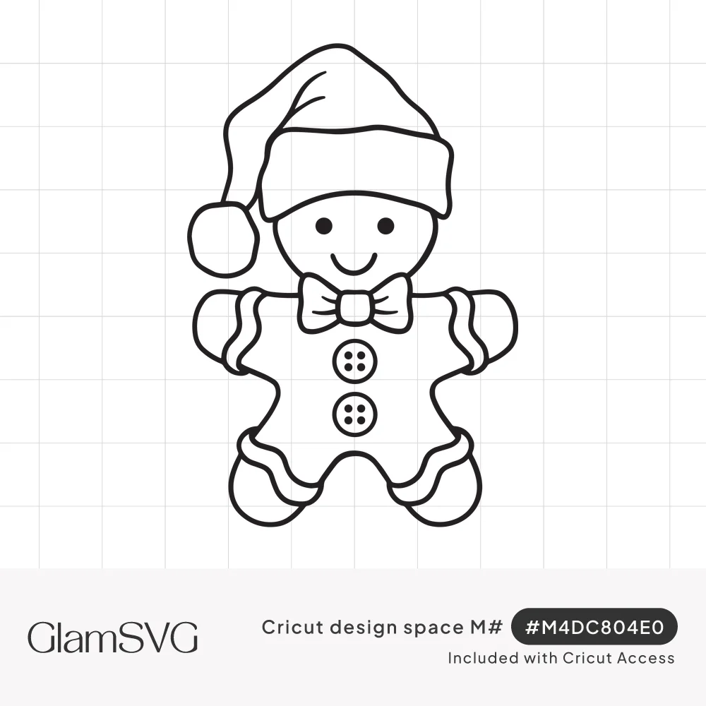 Black line drawing of a smiling gingerbread man wearing a Santa hat, bow tie and two buttons with icing trim