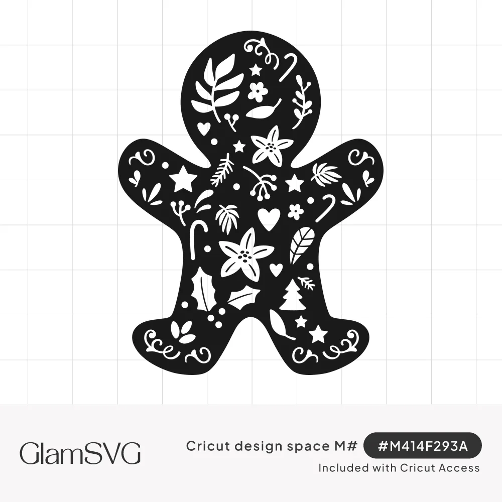 Black gingerbread man silhouette with cut-out poinsettias, holly, candy canes, stars, hearts and a small Christmas tree