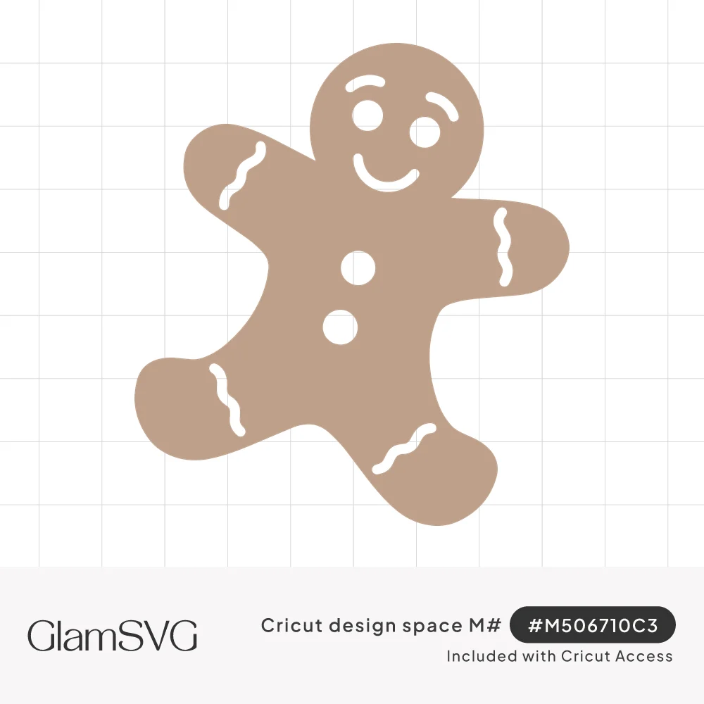 Tan gingerbread man cookie silhouette with smiling face, two buttons and wavy icing lines on arms and legs