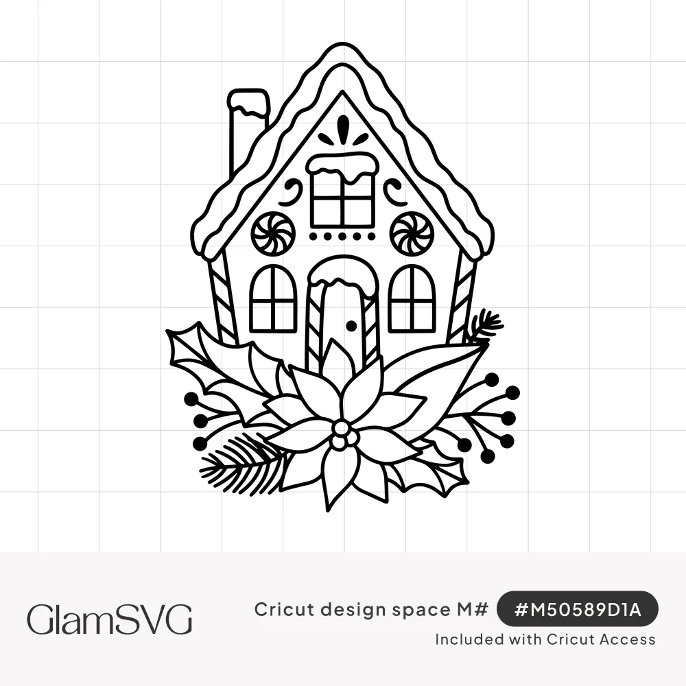 Black line art gingerbread house with frosted roof, peppermint candies, candy cane door, poinsettia and holly