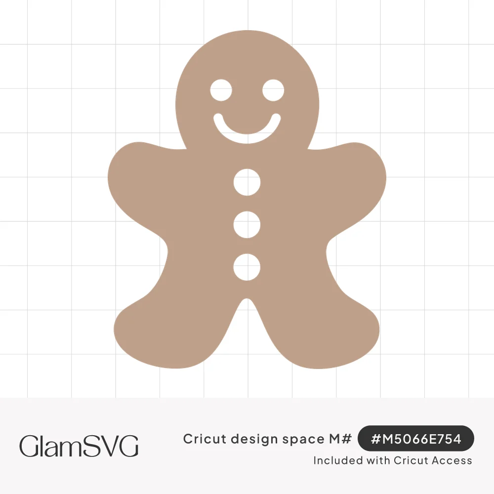 Tan gingerbread man silhouette with dot eyes, a smile and three round buttons cut out of the body