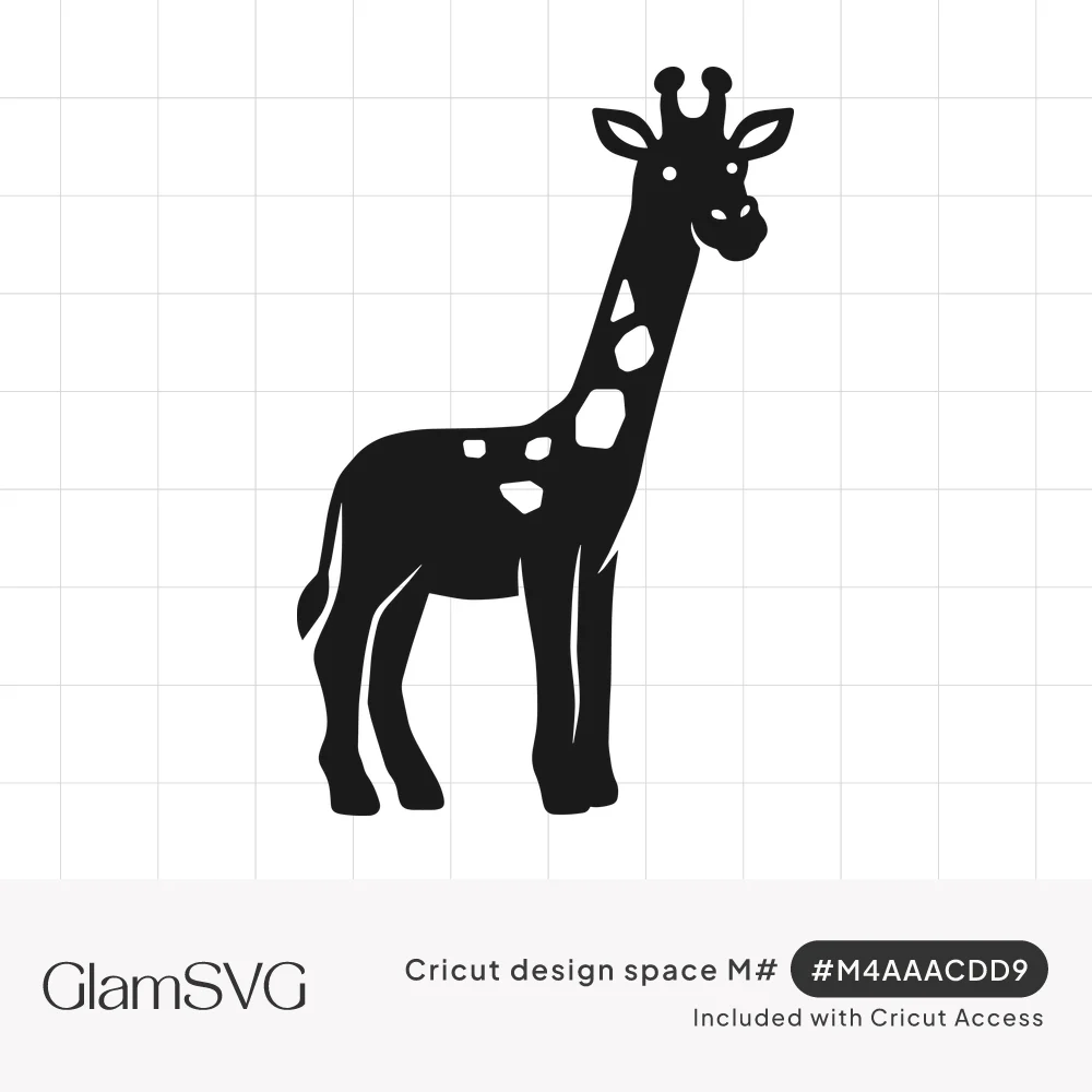 Solid black silhouette of a standing giraffe with a long neck, small horns, ears and white cut-out spots