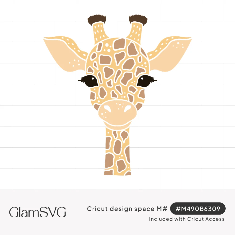 Front-facing giraffe head and neck with long eyelashes, peach ears and tan patchwork spots with tiny white dots