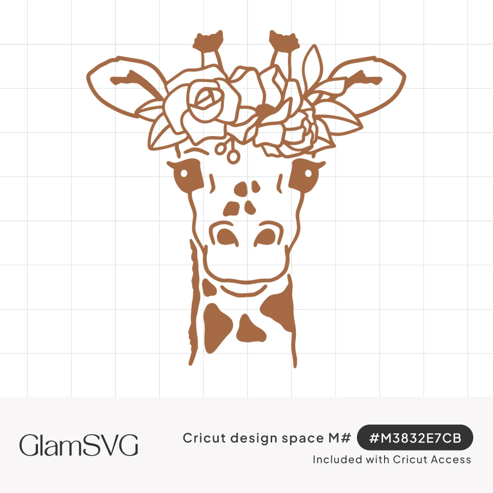 Line-art giraffe face with spotted neck and a crown of roses and leaves between its ears and ossicones