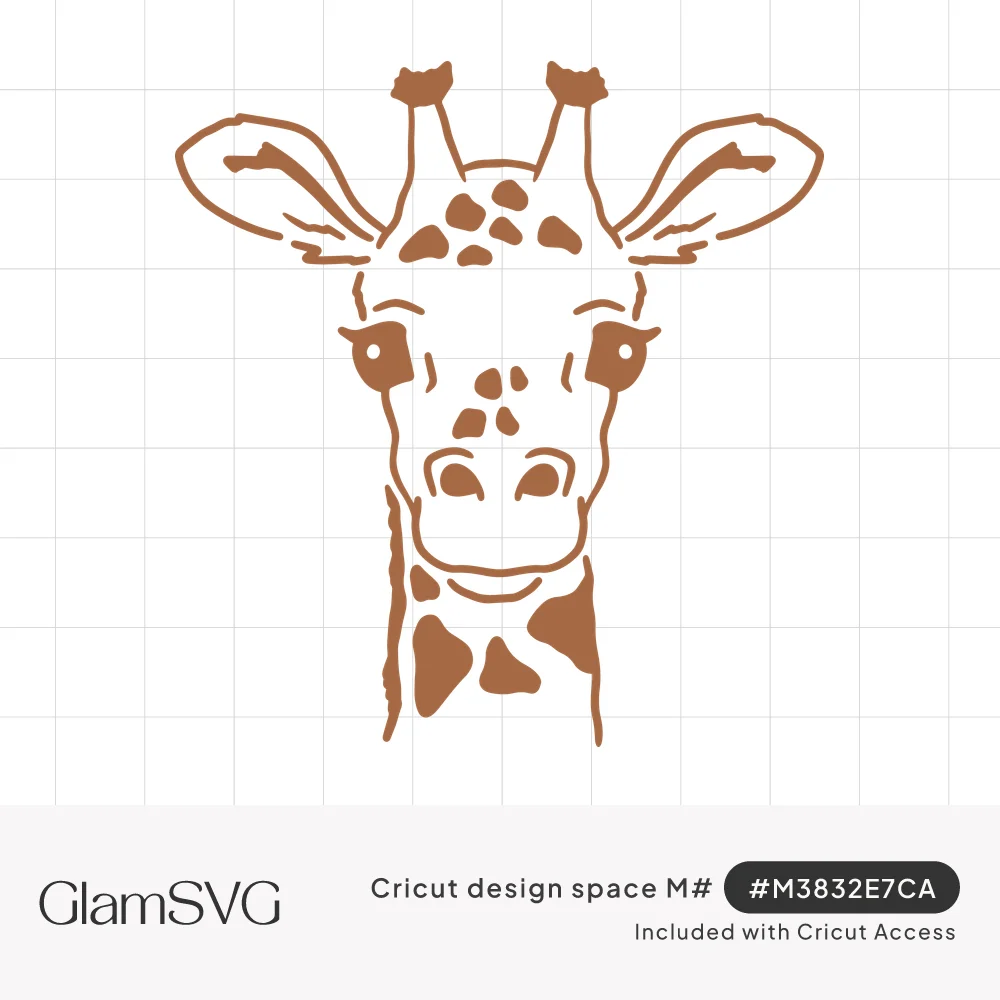 Hand-drawn brown giraffe face with ossicones, large ears, spotted forehead and neck, looking straight ahead