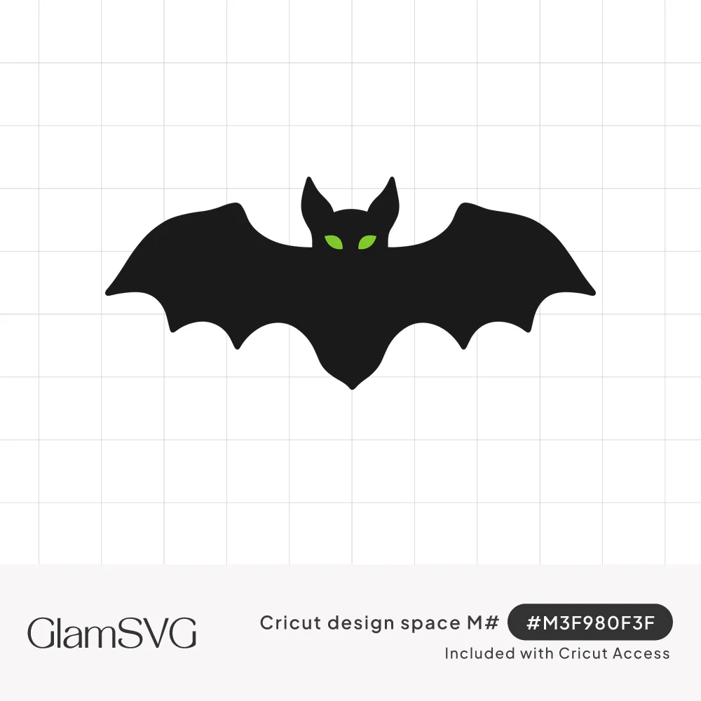 Black bat silhouette with outstretched scalloped wings, pointed ears and glowing green eyes on a white background