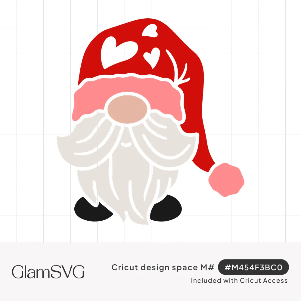 Cartoon gnome with a red hat decorated with white hearts, pink brim and pompom, peach nose, white beard and black boots