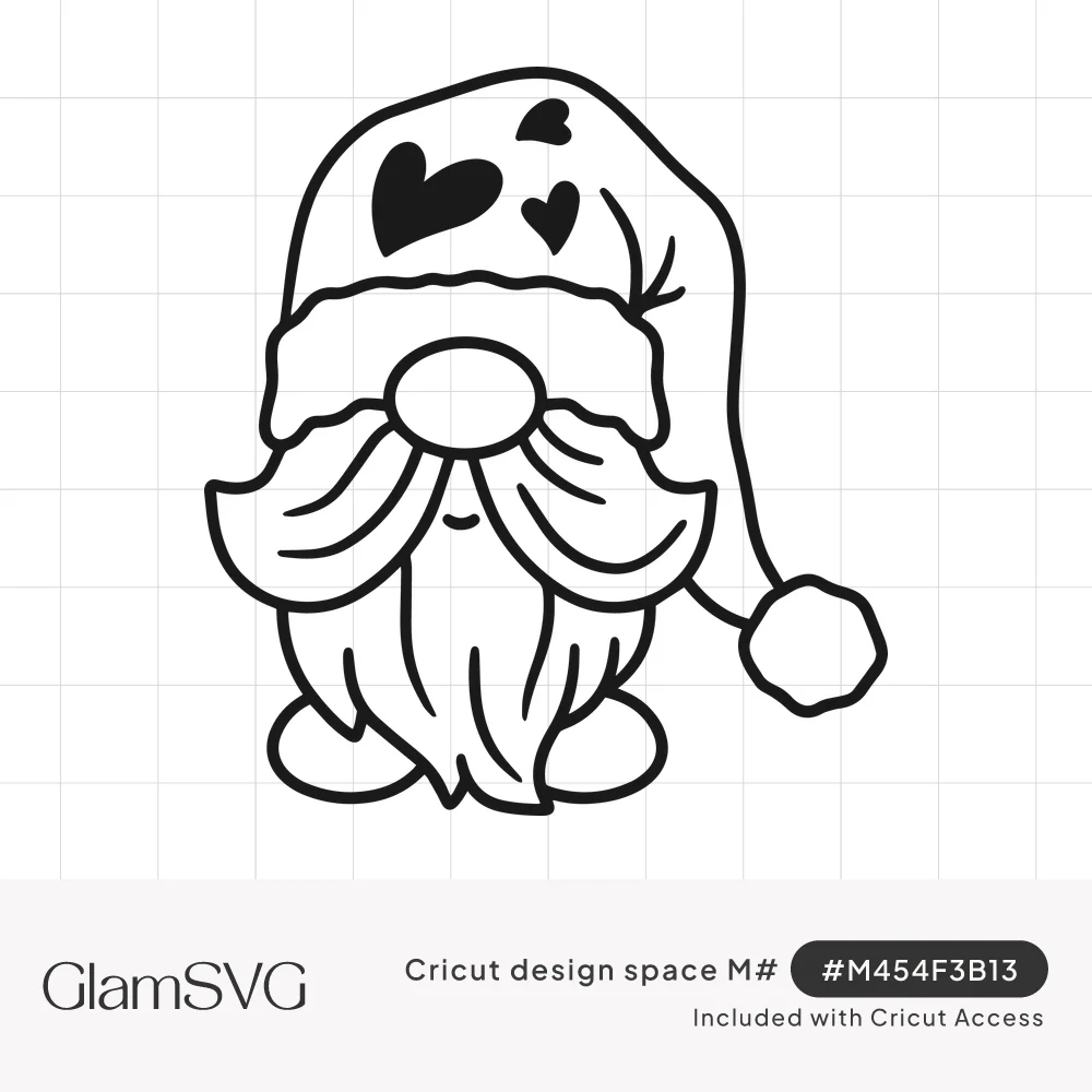 Black outline drawing of a gnome with a long wavy beard, round nose and floppy hat decorated with hearts and a pom-pom