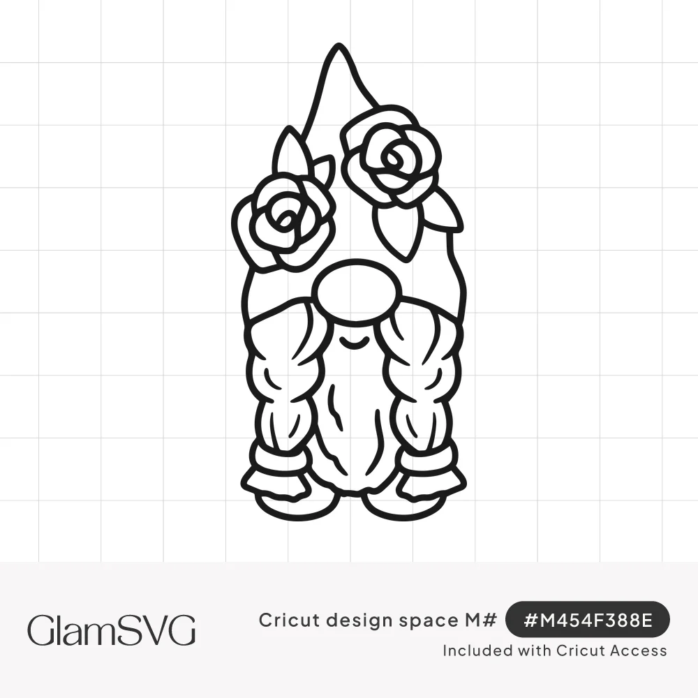 Line art of a gnome with a tall pointed hat decorated with two roses, a round nose, long beard and two braids