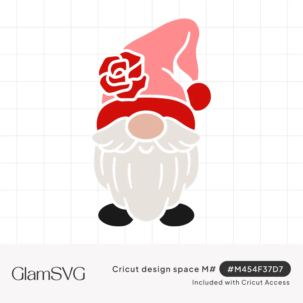 Layered gnome with a tall pink hat, red brim and red rose, fluffy white beard, pink nose and black boots