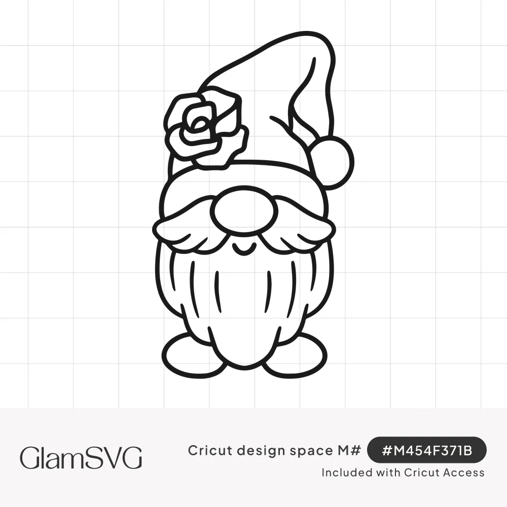Black outline drawing of a bearded gnome with a mustache, smiling, wearing a floppy hat with a rose and pom-pom