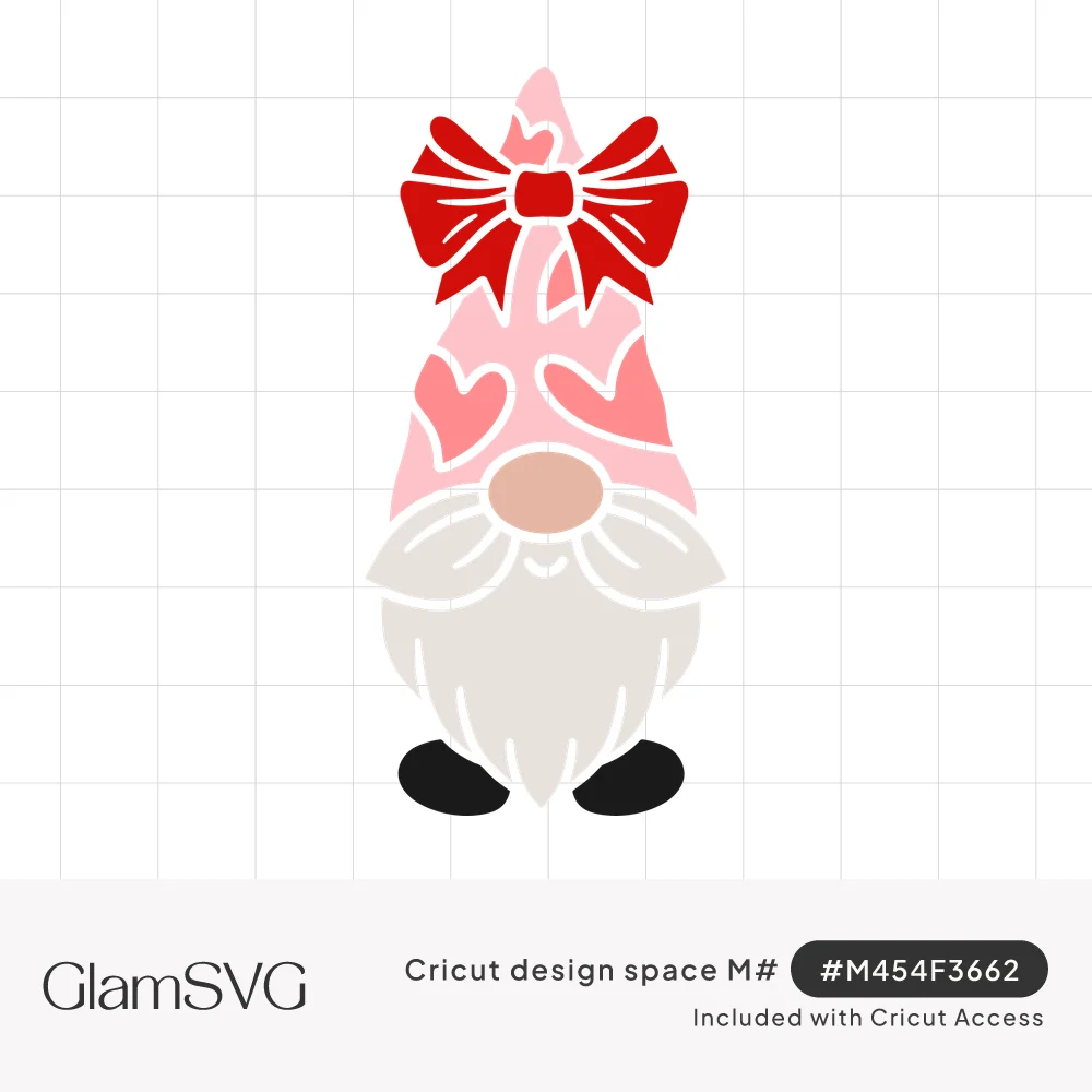 Gnome in a tall pink hat with red and pink hearts, a big red bow, rosy nose, white beard and black boots